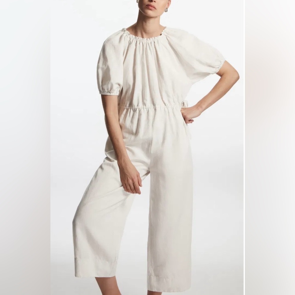 Cos Puff-Sleeve Linen Blend Oversized Wide Leg Jumpsuit Sz L/Xl Light Beige